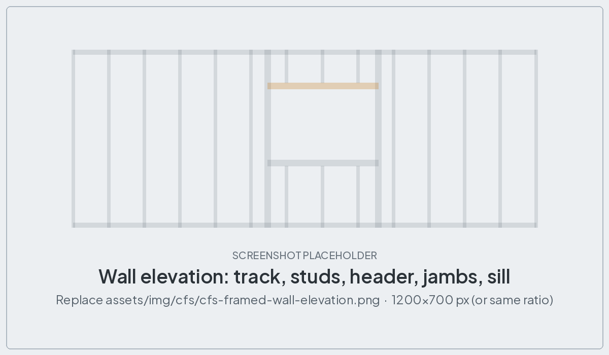Elevation of a framed steel stud wall in Revit with headers, jambs and sills