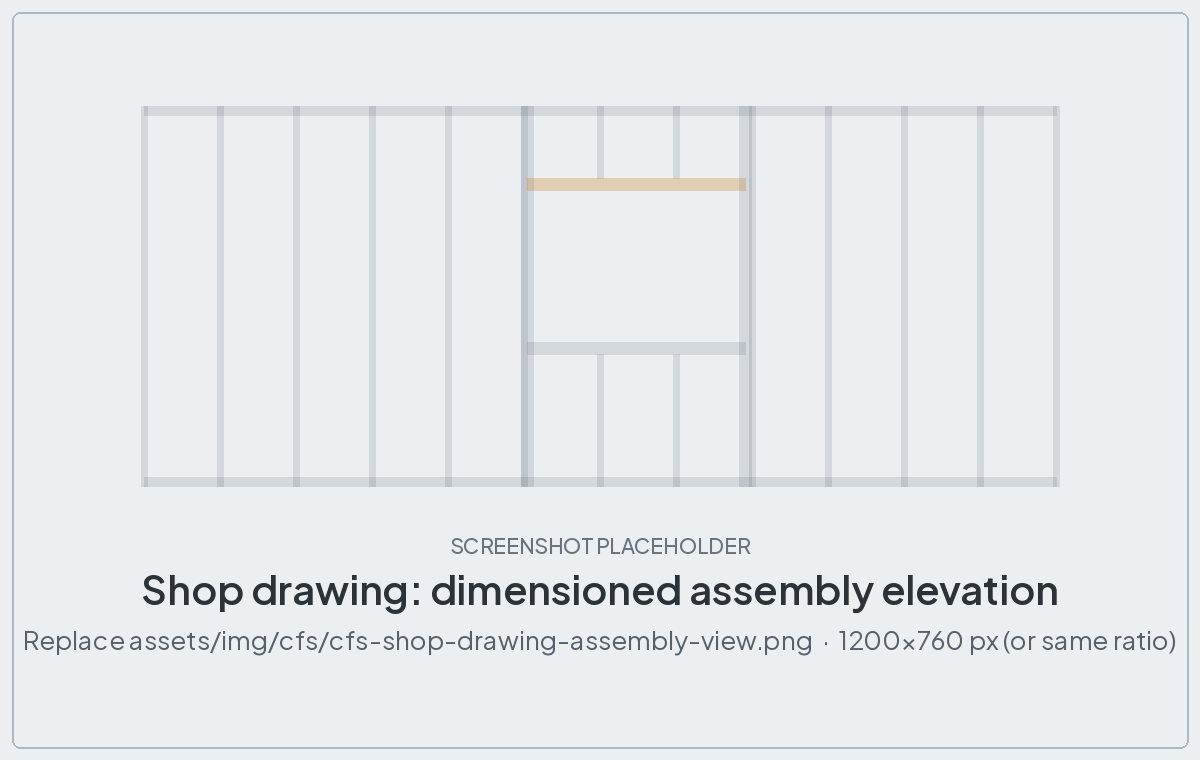 Dimensioned steel stud wall assembly view with member labels and grid markers