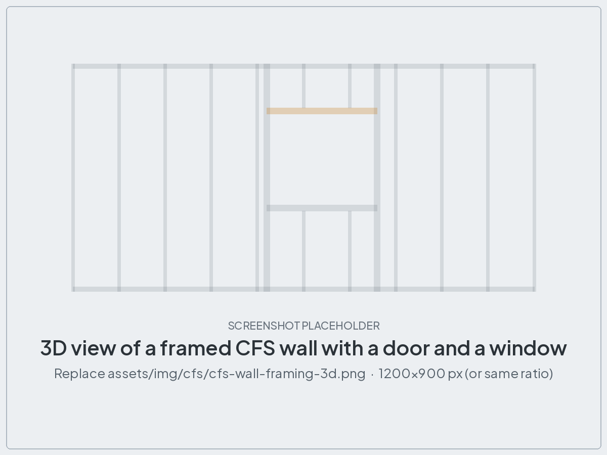 3D view of a cold-formed steel wall framed in Revit: track, studs, door and window openings