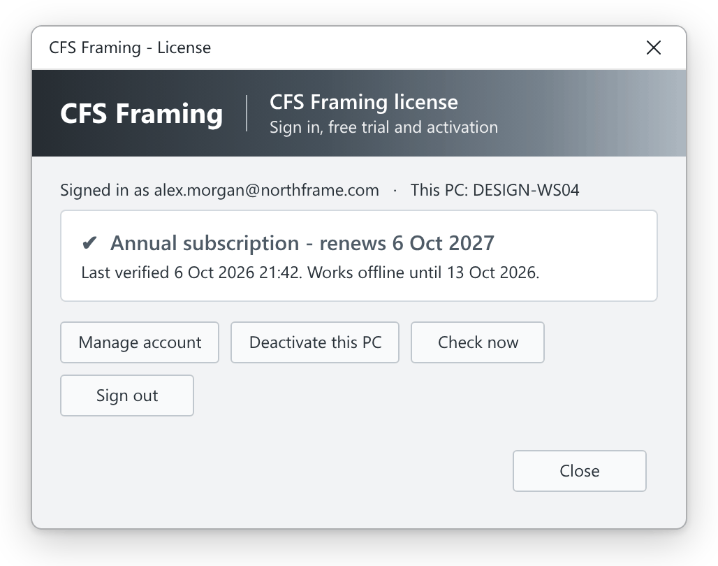 The CFS Framing License window in Revit