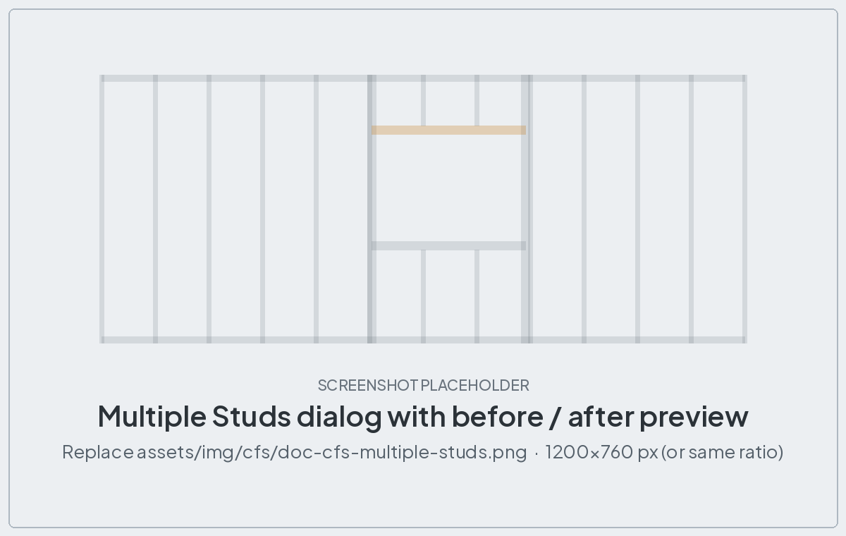 Multiple Studs dialog with before and after plan preview