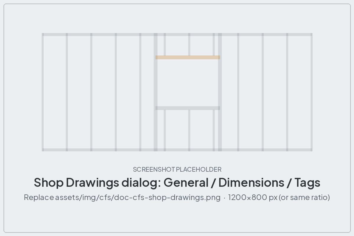 Shop Drawings dialog with General, Dimensions and Tags tabs
