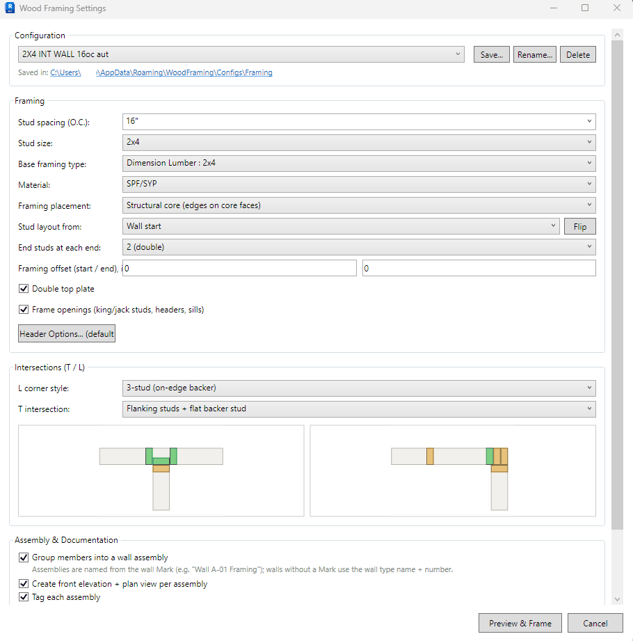 The Wall Framing Configuration dialog: spacing, stud size, plates, placement, layout origin, corner and T styles, with the schematic preview