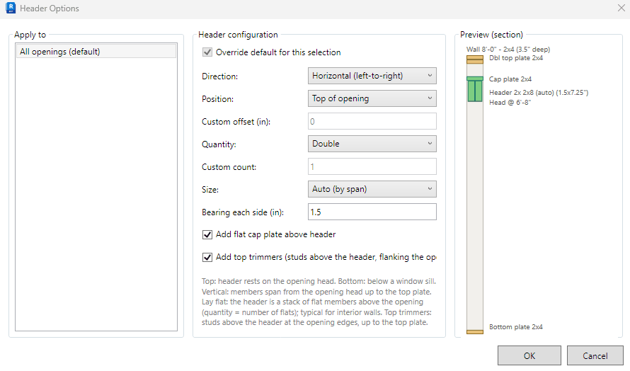 The Header Options dialog showing direction, position, quantity, size and bearing