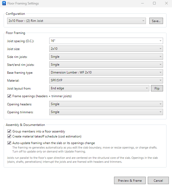 The Floor Framing Configuration dialog: joist spacing and size, rim counts, opening headers and trimmers, layout origin