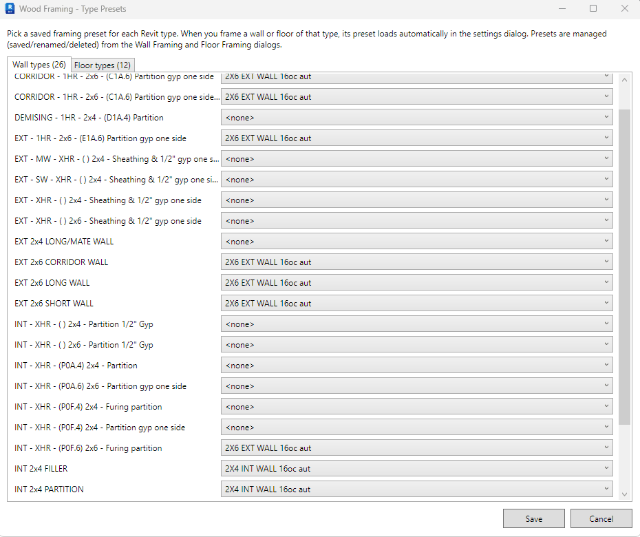 The Type Presets dialog showing Revit wall/floor types, the preset dropdown, and the Save button