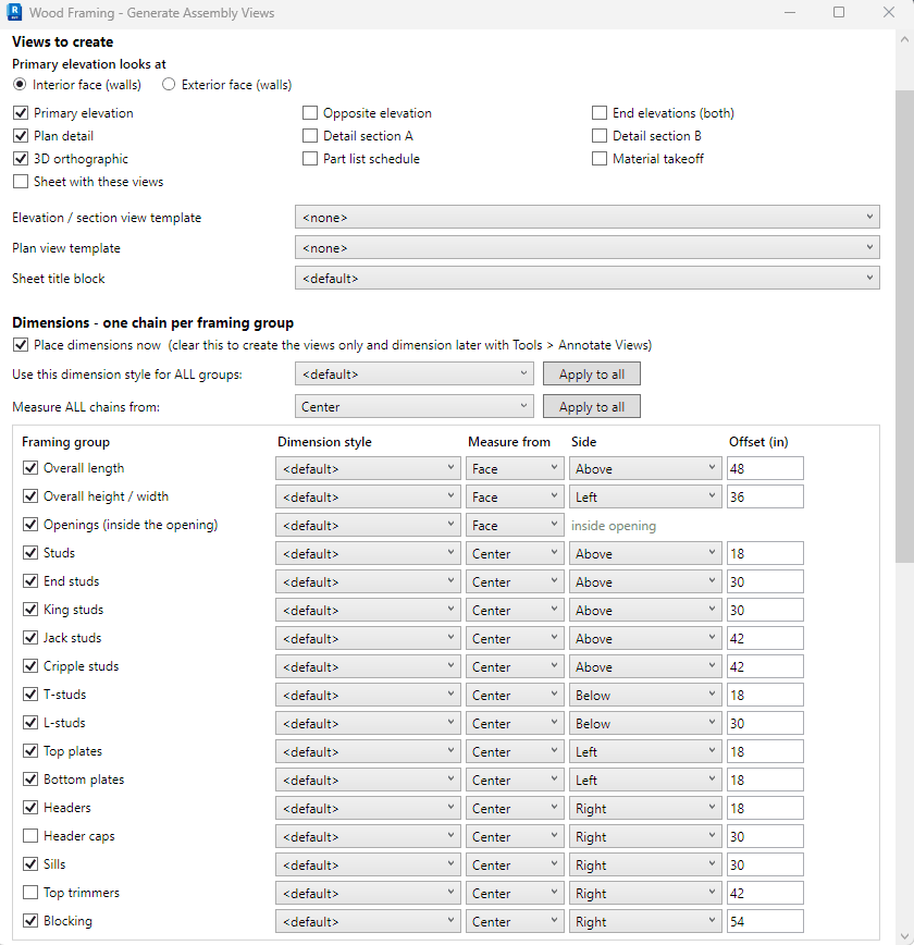 The Generate Assembly Views dialog: the views checklist, the dimensions table with a row per framing group showing Dimension style, Measure from, Side and Offset, and the tags table below it