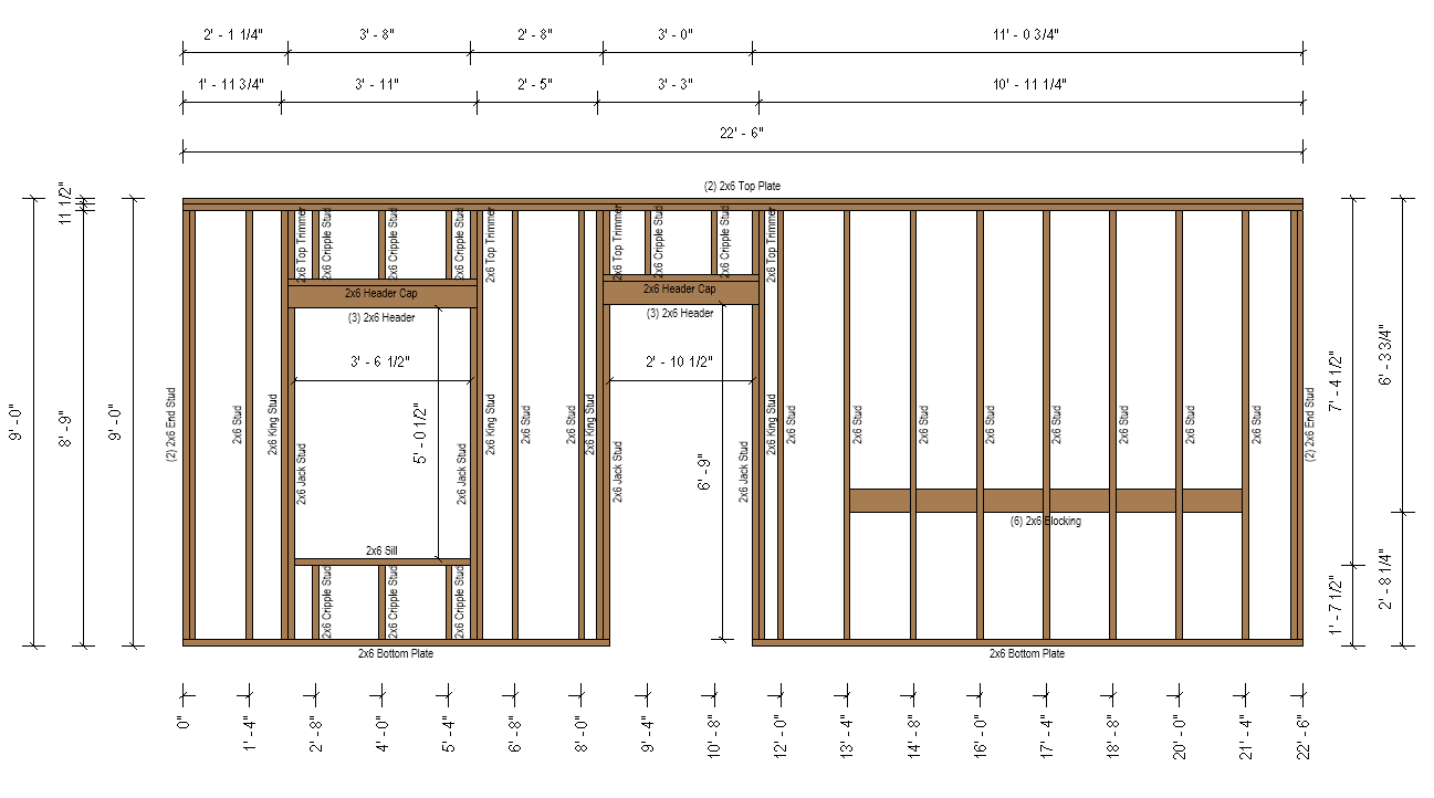 The generated assembly elevation in Revit: one dimension chain per member type, the opening dimensioned inside the opening, and rotated member labels