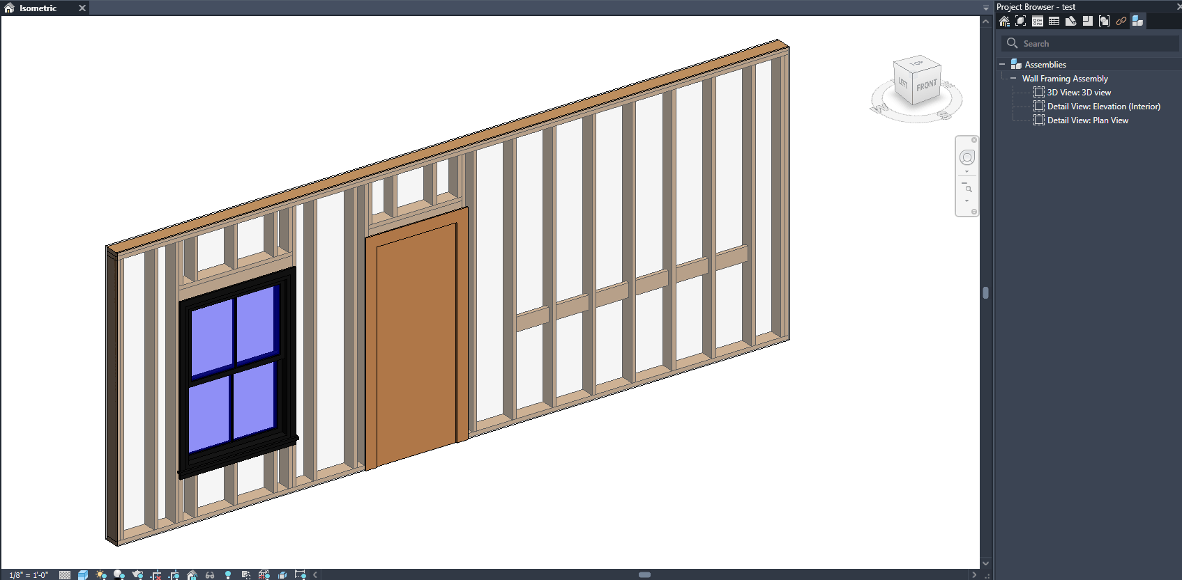 A framed wall in the Revit 3D view showing studs, plates, headers above an opening, and the Revit Assembly visible in the Properties panel