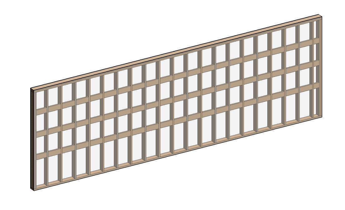 A framed wall with horizontal blocking rows visible between studs in a Revit 3D or elevation view