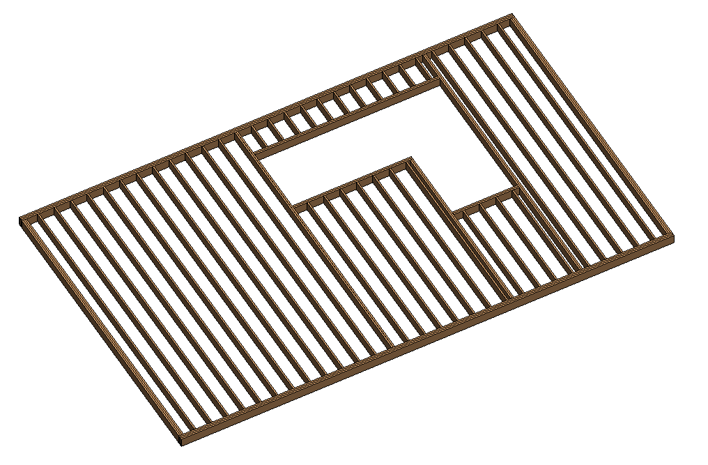 A framed floor in the Revit 3D view showing parallel joists, rim members along all edges, and headers around a floor opening