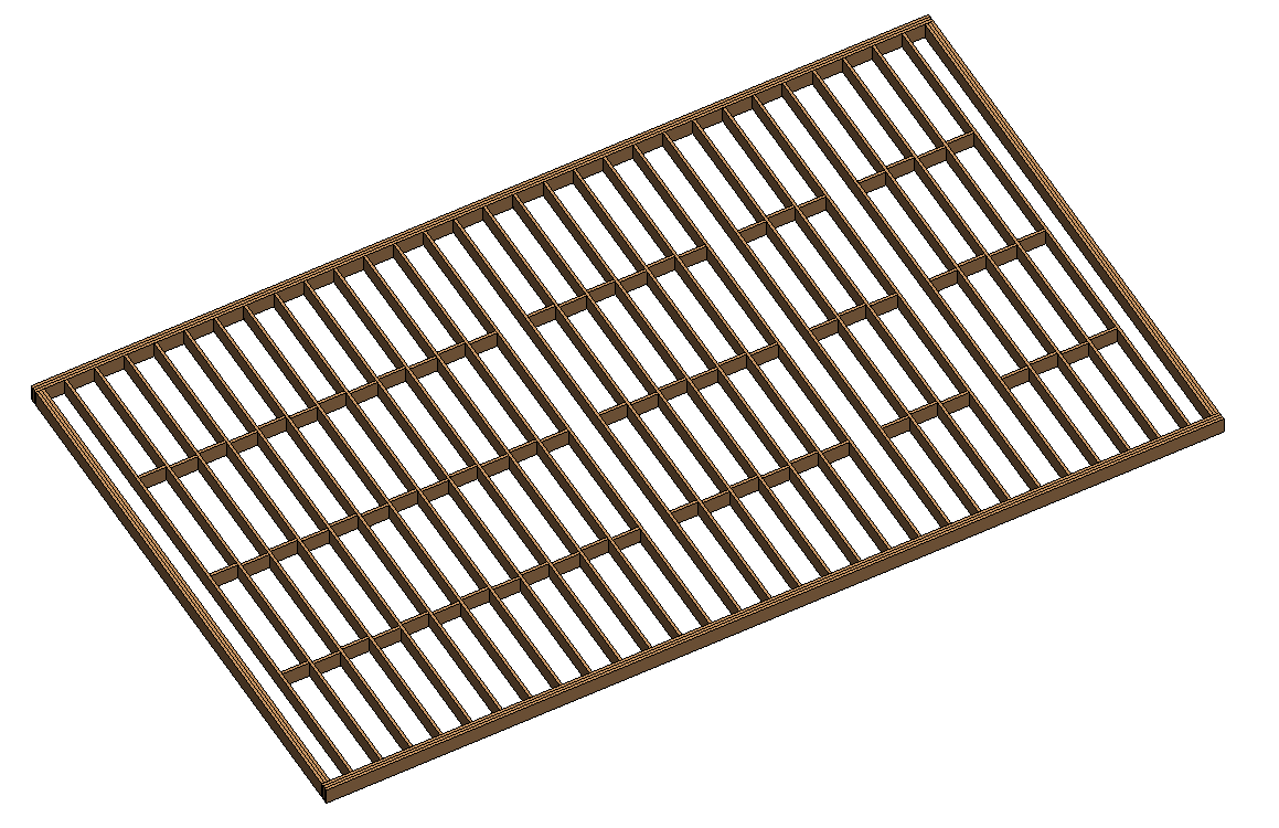 A floor framing plan or 3D view showing blocking members perpendicular to the joist span