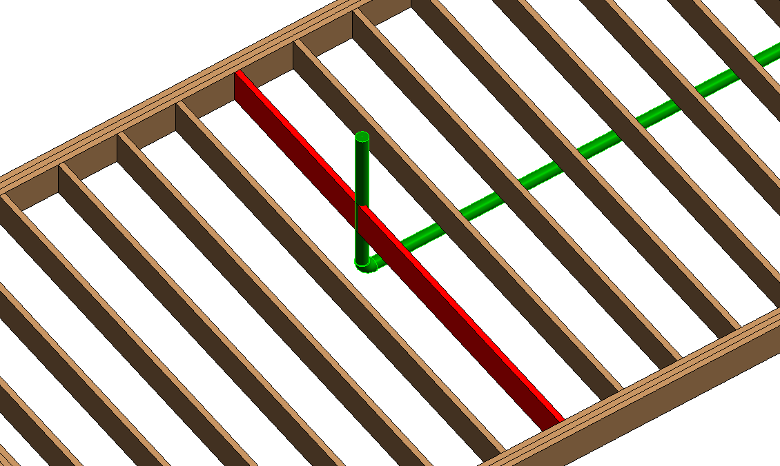 A floor framing 3D view or plan showing a shifted joist with a gap at the original position and the relocated joist highlighted