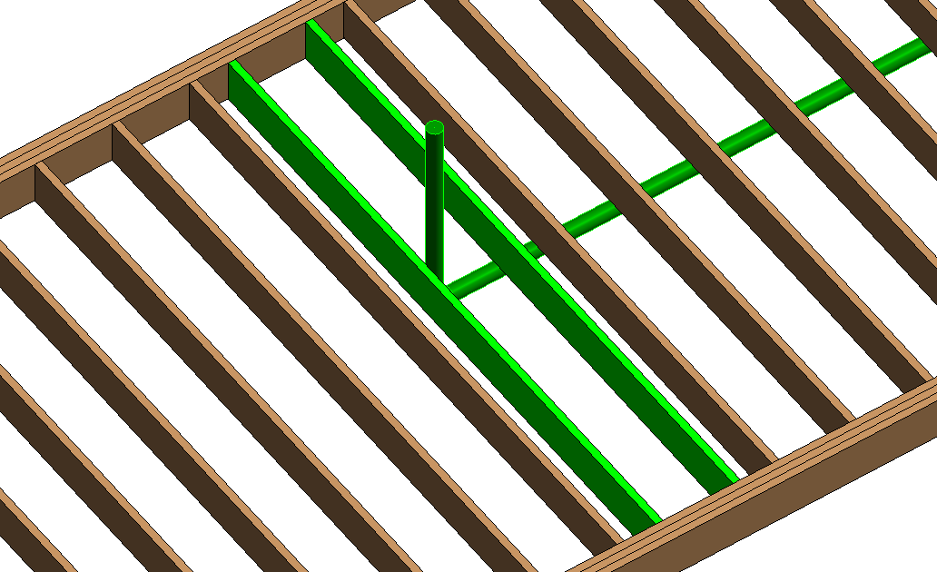 A floor framing 3D view or plan showing a shifted joist with a gap at the original position and the relocated joist highlighted