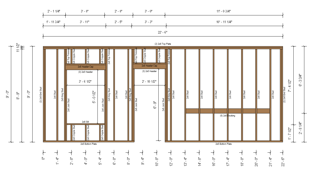 Generated assembly view: dimensioned wall elevation with member tags and O.C. spacing strings