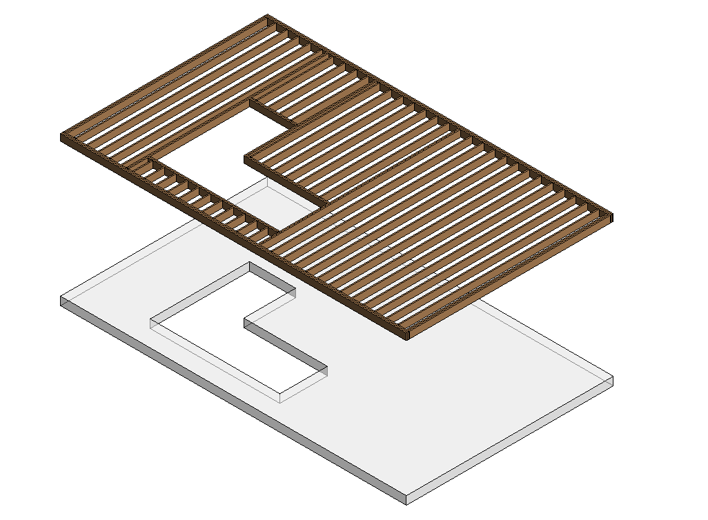 Floor joist framing in Revit shown above the host slab, with an L-shaped opening