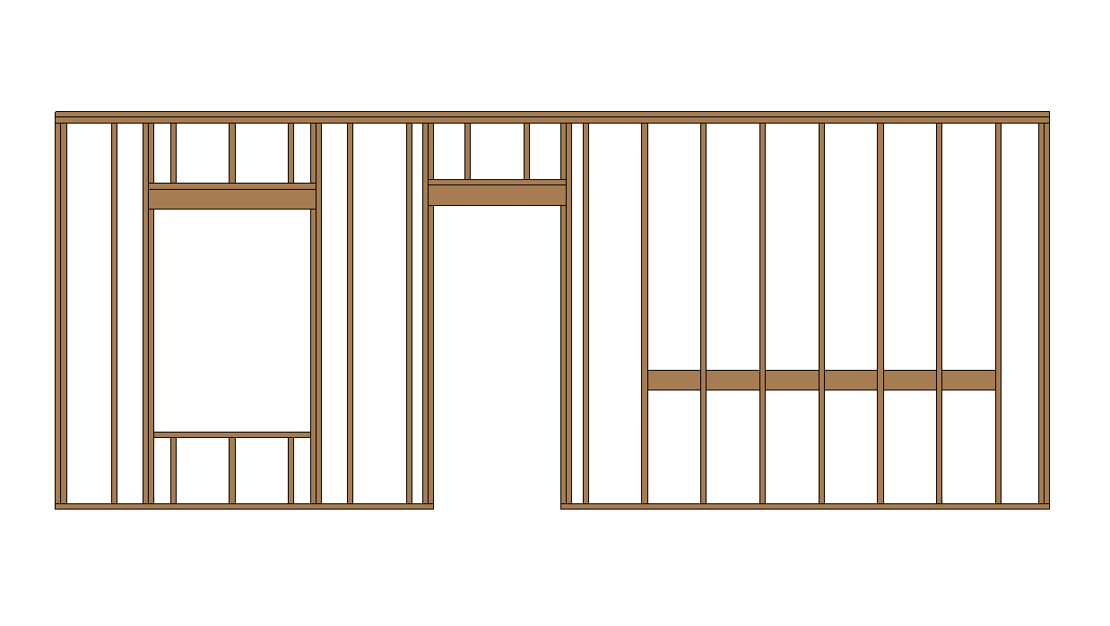 Wall framing elevation in Revit showing studs, plates, headers and openings