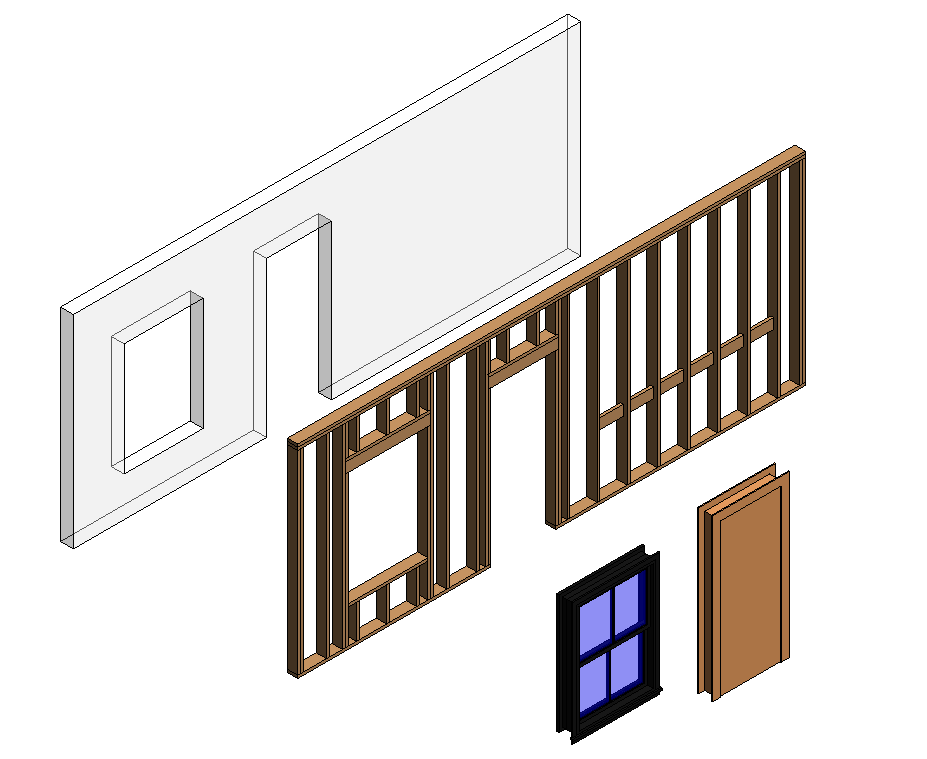 Exploded axonometric of a Revit wall: sheathing, stud framing, window and door